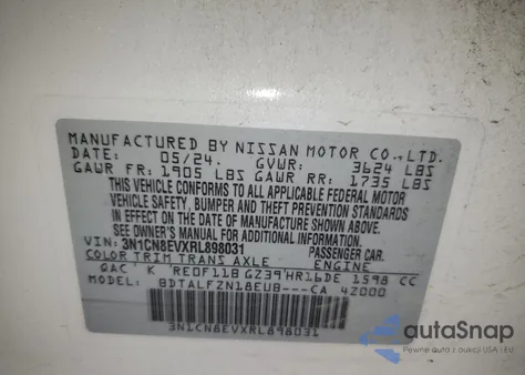 2024 Nissan Versa Sv z USA, uszkodzony, nr VIN 3N1CN8EVXRL898031